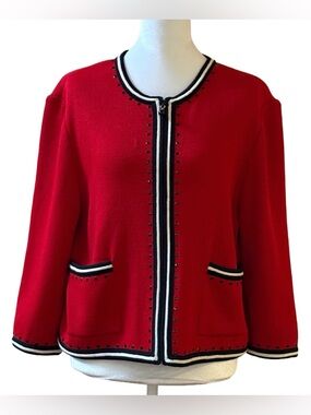 ✨ St John Collection Knit Jacket Red Black Trim Zip Vintage Chic Sz 12